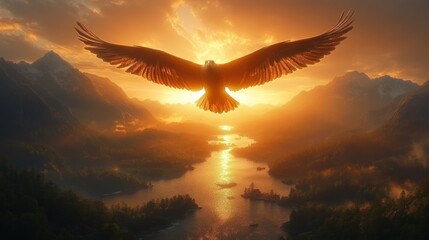 Majestic eagle soaring at sunset over a serene landscape.