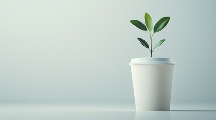 Fototapeta premium Disposable coffee cup with growing green plant, sustainable eco-friendly concept background with copy space