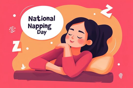 Flat Vector Illustration for National Napping Day with 'Nap Zzz.' Text in a Speech Bubble on a Pink Background - Powered by Adobe