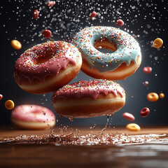 Delicious donuts with colorful icing and sprinkles are flying through air, creating playful and vibrant scene. splashes of liquid add excitement to this sweet dessert moment