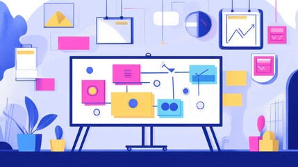 Fototapeta premium Modern office whiteboard with workflow chart and sticky notes.