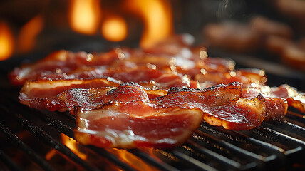 Crispy bacon strips sizzling on grill, surrounded by warm flames, creating mouthwatering breakfast scene. rich aroma and texture evoke delicious culinary experience