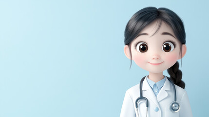 Fototapeta premium Cute Animated Young Girl in Doctor Outfit Smiling with Stethoscope