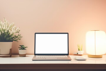 Fototapeta premium Blank laptop screen on white table with soft lighting in room