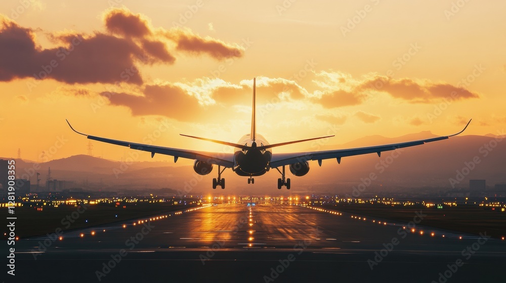 Leinwandbilder Airplane taking off at sunset on busy runway with lights illuminating the path in a vibrant sky. Generative AI