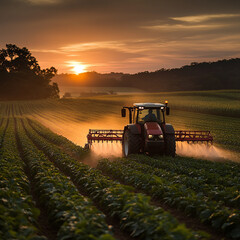 Fototapeta premium tractor sprays pesticides on lush green field during sunset, creating serene agricultural scene. warm light enhances beauty of landscape
