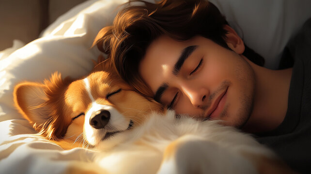 Young man and dog sleeping peacefully together, warm bond. soft sunlight enhances cozy , creating heartwarming scene of companionship
