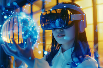 School student with VR headset using AI artificial intelligence technology, machine learning. Interactive technology in classroom. Innovation & smart tech. AI blue orb hologram. Futuristic education	
