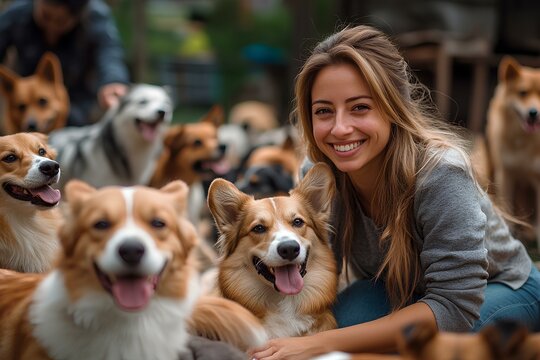 Compassionate female animal lover surrounded by happy, adoptable dogs.