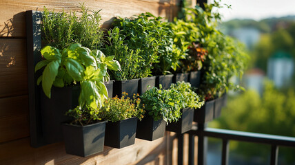 vertical herb garden on balcony features various green plants in black pots, creating fresh and vibrant . sunlight enhances lush greenery, perfect for urban gardening