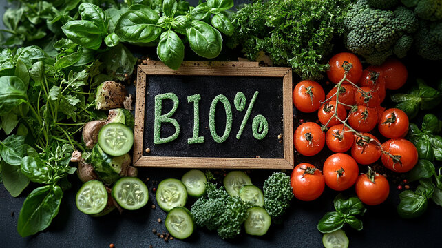 Fresh vegetables and herbs arranged with chalkboard displaying B10%. This vibrant composition highlights healthy eating and nutrition, featuring tomatoes, cucumbers, and leafy greens