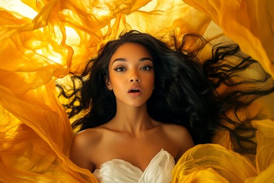 Commercial ad campaign graphic depiction design. Long hairdo - beach waves hair. Pretty very stunned mixed-race girl - for ads, banner and digital marketing use. Vibrant hair fashion trends.