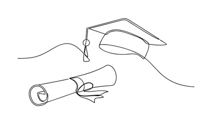 A minimalist line drawing depicts a graduation cap and diploma, symbolizing academic achievement, graduation ceremony, and the culmination of educational pursuits. Simple, elegant design.