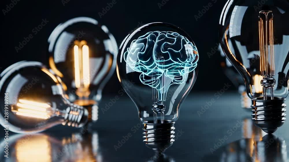 Poster glowing light bulbs activating holographic brain visualization, symbolizing emerging intellectual cr