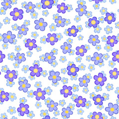 Seamless pattern of purple blue flowers on white background. Design in country style for patchwork. Graceful flowers of shades of violet. Lots of random five petals flowers. Cute floral background