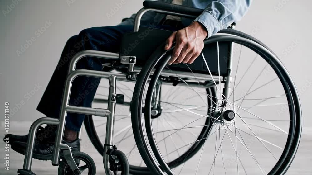 Poster office worker sitting in wheelchair propelling forward in slow motion, isolated on white background,