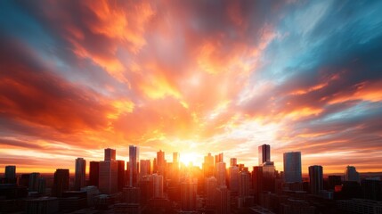 Fototapeta premium A breathtaking cityscape showcasing a stunning sunset with dramatic clouds, casting vibrant hues of orange and red over towering skyscrapers, embodying urban beauty.