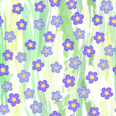 Seamless pattern of purple flowers. Cute summer design in country style. Graceful violet flowers on abstract green background. Lots of little random five petals flowers. Floral background