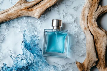 Perfume bottle mockup for design and branding with sea and driftwood essence