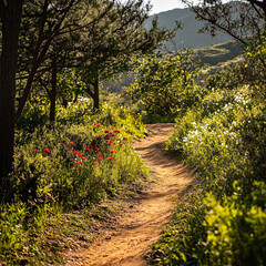 Fototapeta premium Mountain Bike Trails Outdoor Nature Sports Bicycle Path Cycle Ride Cyclist Landscape Scenery Forest Meadow Activity Travel Adventure Recreation Downhill Wheels Trees Summer Cycling Mountainbiking