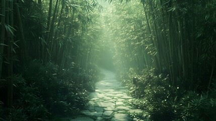 Serene Pathway Through Dense Bamboo Forest for Zen and Meditation – Generative AI