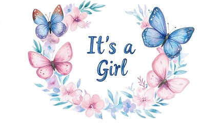 Watercolor floral wreath with butterflies and "It's a Girl" text.