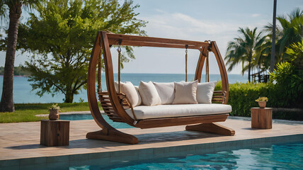 Beautiful Swing sofa on the Swimming pool waters outdoor beach