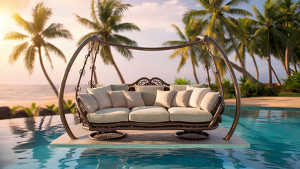 Beautiful Swing sofa on the Swimming pool waters outdoor beach