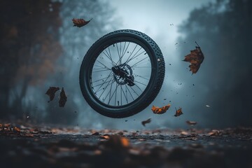 Obraz premium A floating bicycle wheel surrounded by autumn leaves in a foggy forest setting