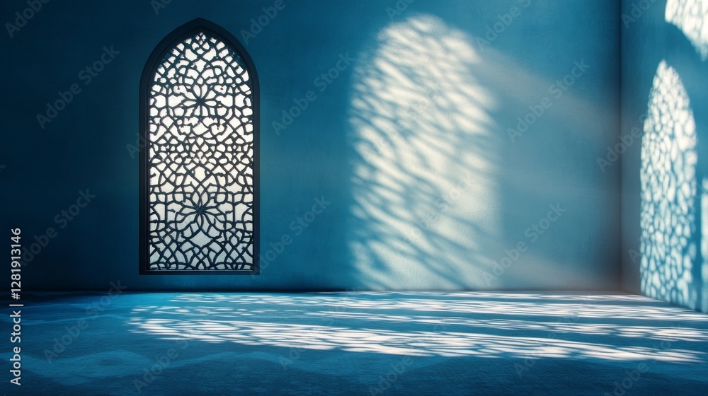 Poster Sunlight streams through a beautifully designed window, casting intricate shadows on the cool blue walls and floor. This tranquil space invites contemplation and inspiration.