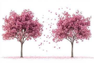 Enchanting cherry blossom trees in full bloom, petals floating in the air, isolated on white background.