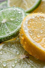 Fresh Lemon And Lime Slices With Water Droplets In A Close-Up Macro Shot. Vibrant Citrus Texture And Juicy Details Create A Refreshing And Natural Look. Ideal For Health, Food, And Beverage Branding..