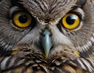 Mysterious Great Gray Owl with Round Yellow Eyes in the Dark Night