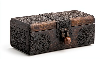 Dark Brown Ornate Wooden Box on White Background