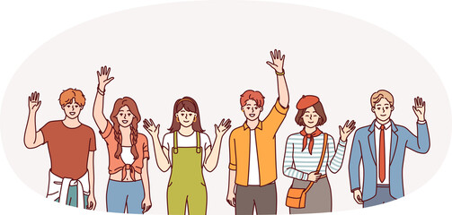 People greet and wave, inviting you to join multicultural community of college students. People in different clothes say hi and look at screen with positive emotions wanting to make friends
