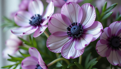 Close-up of purple anemone flowers in a decorative arrangement