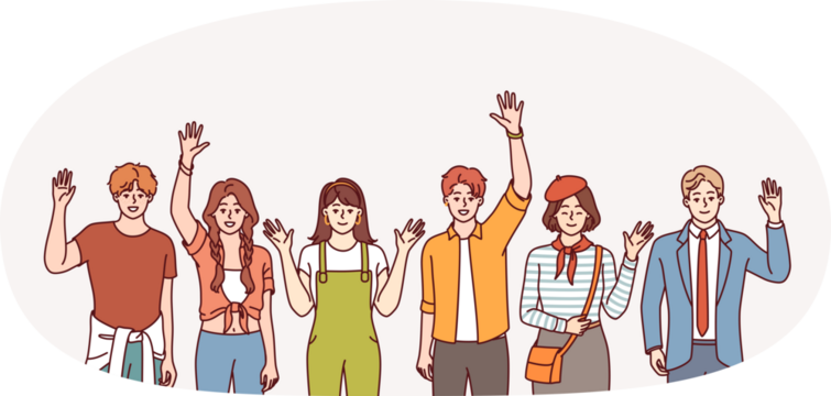 People greet and wave, inviting you to join multicultural community of college students. People in different clothes say hi and look at screen with positive emotions wanting to make friends
