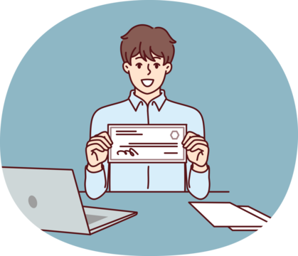 Businessman with paycheck sits at office desk with laptop showing off investments in start-ups from large corporations. Man with paycheck at his workplace demonstrates certificate for large amount