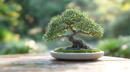 Miniature Bonsai Tree Outdoors, Sunny Garden