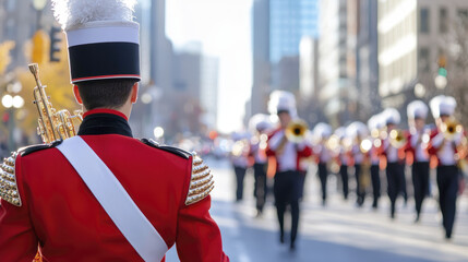 Marching band in parade with brass instruments and vibrant uniforms