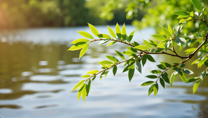 Fresh tiny leaves on a willow branch by a riverside, nature's tranquility