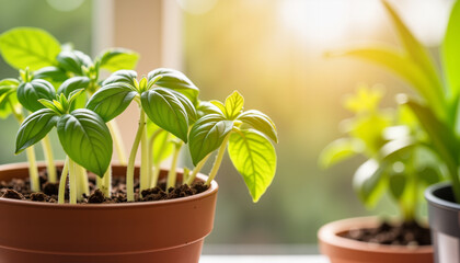 Obraz premium Vibrant basil leaves growing in indoor herb garden, natural freshness