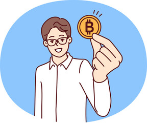 Man trader with bitcoin coin calls for mining or investing in cryptocurrency and blockchain technology. Guy in glasses and formal wear recommends buying bitcoin money for anonymous or secure payments