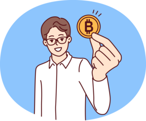 Man trader with bitcoin coin calls for mining or investing in cryptocurrency and blockchain technology. Guy in glasses and formal wear recommends buying bitcoin money for anonymous or secure payments