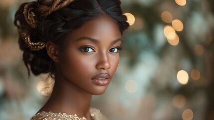 Fototapeta premium Close-Up Portrait of a Stunning African Woman with Golden Braided Hair in Soft Lighting for Beauty Campaigns, Editorial Covers, and High-End Skincare Advertisements