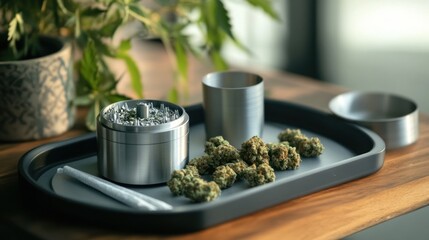 Cannabis grinder, buds, and rolling paper on tray.