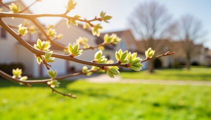 Close-up view of tiny maple tree buds in spring, nature's renewal