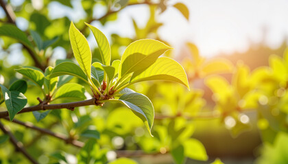 Obraz premium Fresh green citrus leaves swaying in spring orchard sunlight, renewal