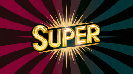 Super text with a burst of colorful rays in the background