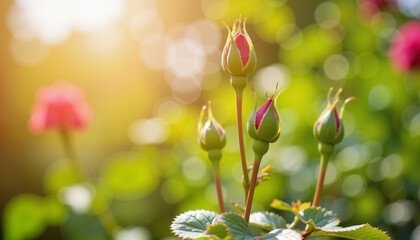 Young green rose buds flourishing in sunny backyard, nature's beauty